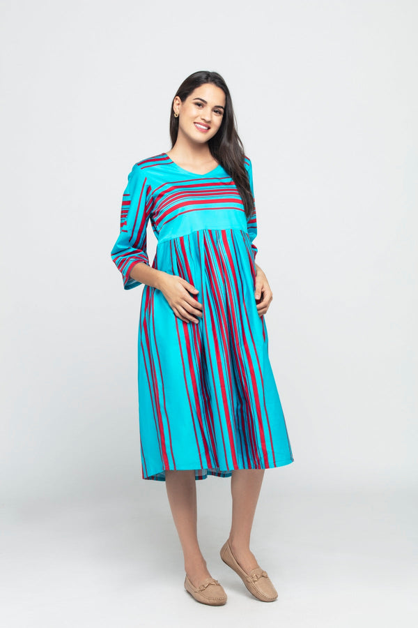 Charismomic Three Fourth Sleeves Striped Maternity Dress - Blue