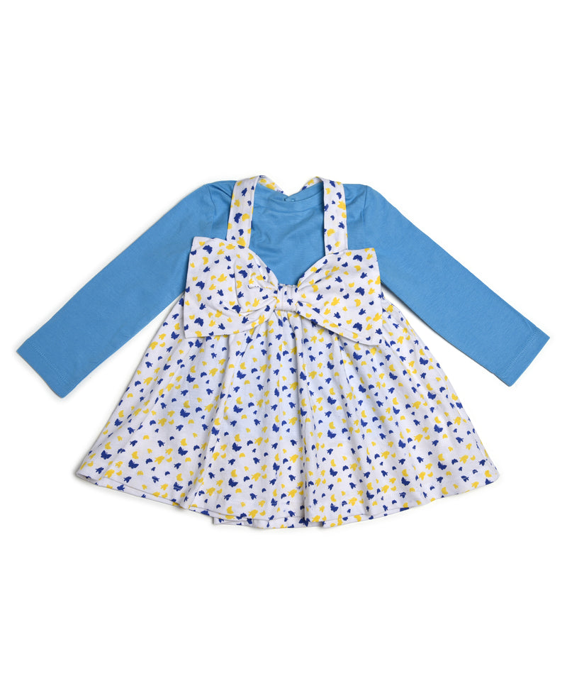 Go Bees Premium Organic Cotton Party Wear butterfly printed bow belt Skirt and blue Top