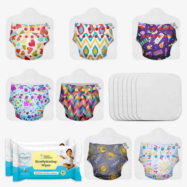 SuperBottoms 7 Freesize UNO Cloth Diapers + 7 Booster Pads + 40 Wet Wipes (2 Pack)