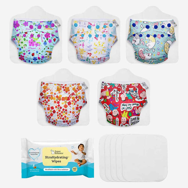 SuperBottoms Pack of 5 Freesize UNO Cloth Diaper + FREE XtraHydrating™ Wipes - 40 Pack