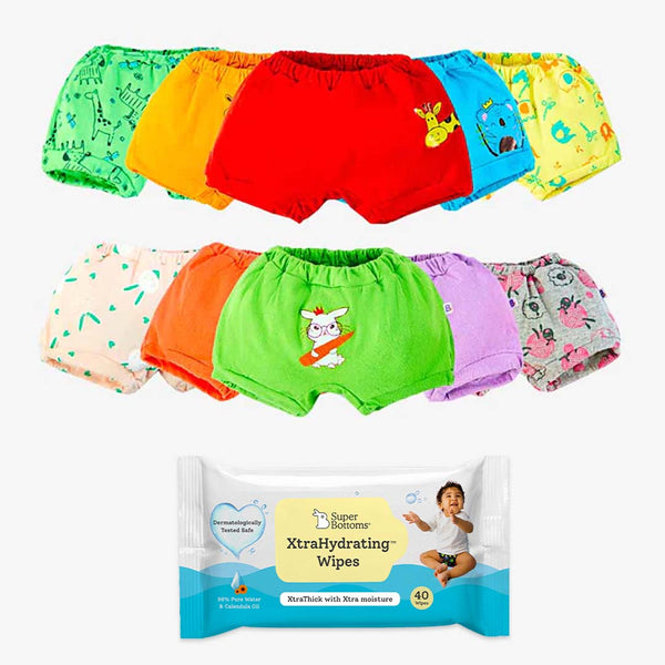 SuperBottoms 10 Pack Bloomers + Wipes 40s pack
