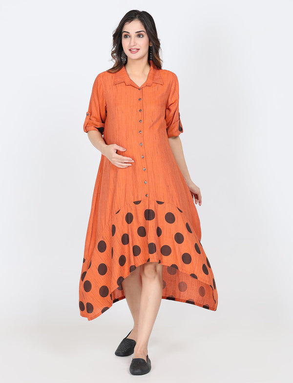 Charismomic Tangerine Polka Textured Button Down Maternity And Nursing Dress