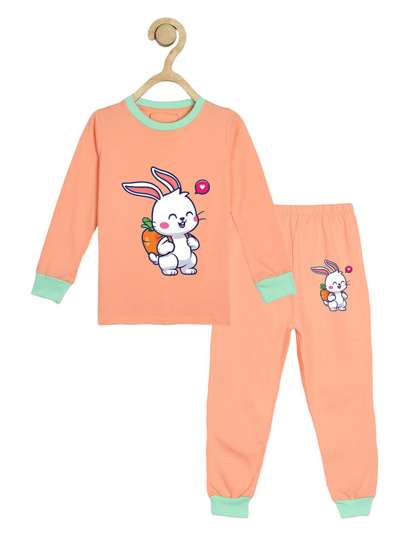 Wyld Sprog Kids Rabbit Print Peach Tshirt & Pyjama Set
