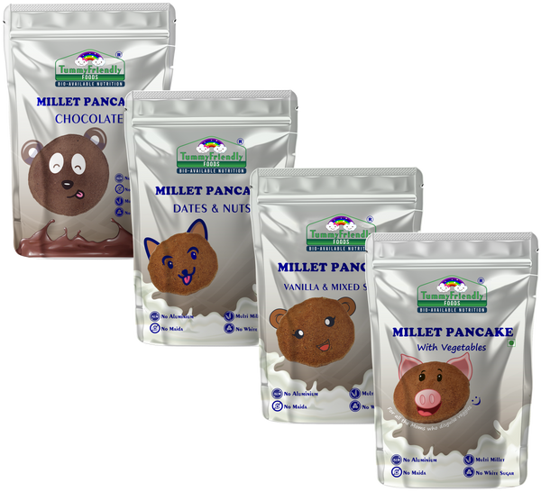 TummyFriendly Foods Aluminium-Free Millet Pancake Mixes Trial Packs with Chocolate, Nuts, Veggies 50 g (Pack of 4)