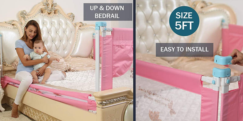 SAFE-O-KID Designer Bed Rail Guard (5 Ft*2.1 FT),Fit-All, Adjustable, Up & Down, 1.5MTR (60 * 25 Inch/152 * 63 cms),Pink,Pack of 2