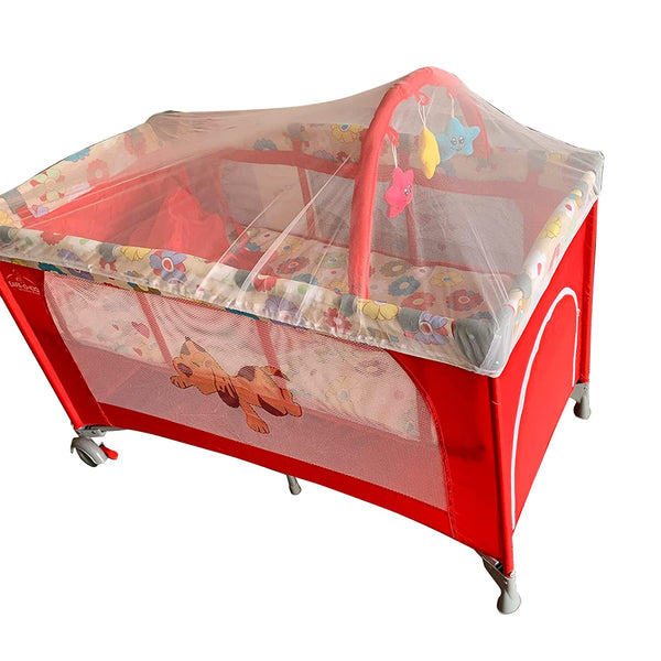 Safe-O- Kid 2 in 1 Convertible Cot Baby Playpen, Playard Cot for Baby/Toddlers, with Inside Toys Cot for Baby + 4 Electric Socket Covers + 4 Sharp Corner Guards for Full Protection, Red