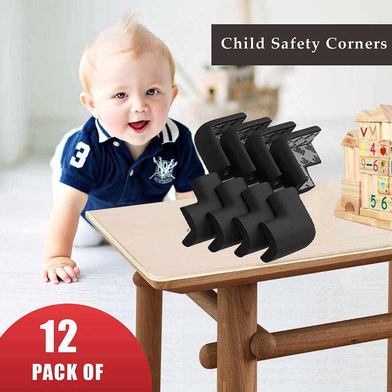Safe-O-Kid 12 Corner Guards/Cushions/Bumpers/Protector, L-Shaped, Small, for Child Safety & Babyproofing, Black, Pack of 12