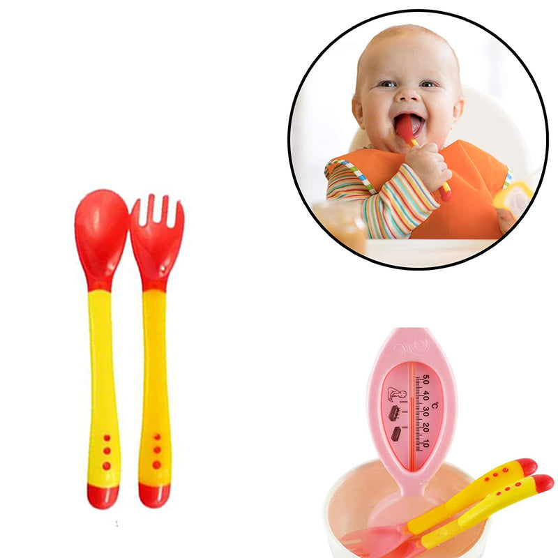 Safe-O-Kid Heat Sensitive 2 Spoons 2 Forks Set, Silicone tip, Red and Yellow, Pack of 2