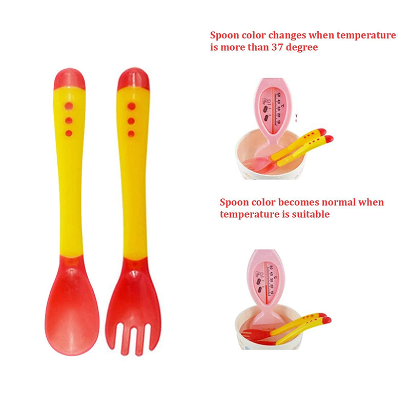 Safe-O-Kid Heat Sensitive 2 Spoons 2 Forks Set, Silicone tip, Red and Yellow, Pack of 2