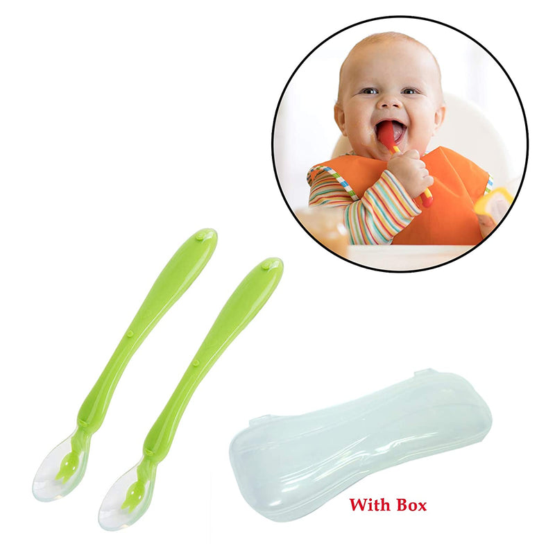 Safe-O-Kid Soft Silicone Tip Spoons Set Box (2 Spoons), Yellow & Green