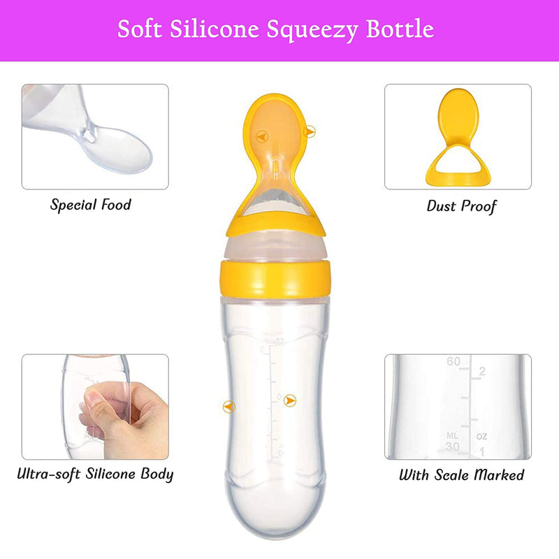 Safe-O-Kid 1 Easy Squeezy Silicone Food Feeder Spoon (Soft Tip) Bottle, Yellow, 90ml, Pack of 1