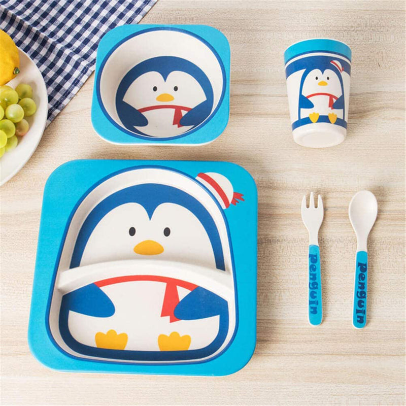 Safe-O-Kid 5 Piece Bamboo Fiber Dinner Set for Kids, Eco Friendly, Plate - Bowl - Spoon - Fork and Cup, Feeding Tableware Meal Set for Toddlers, Blue