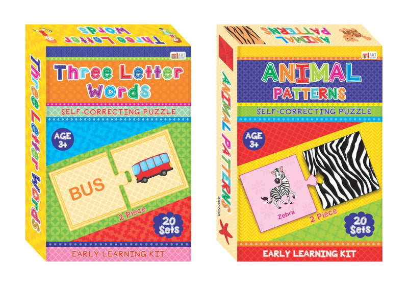 Educational Jigsaw Set of 2 Boxsets : Animal Patterns & Three Letter Words : Self-Correcting Jigsaws : Self-Teaching the Kids By Art Factory