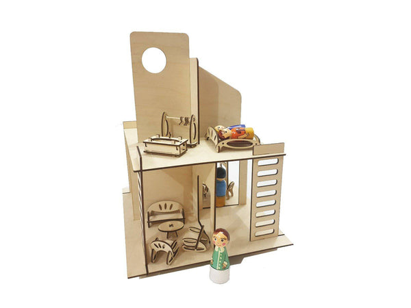CuddlyCoo Modern Doll House with peg dolls and furniture - The Kids Circle
