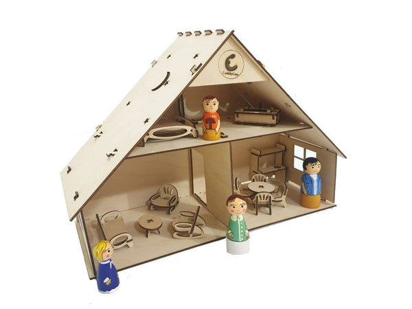 CuddlyCoo Traditional Doll House with peg dolls and furniture - The Kids Circle