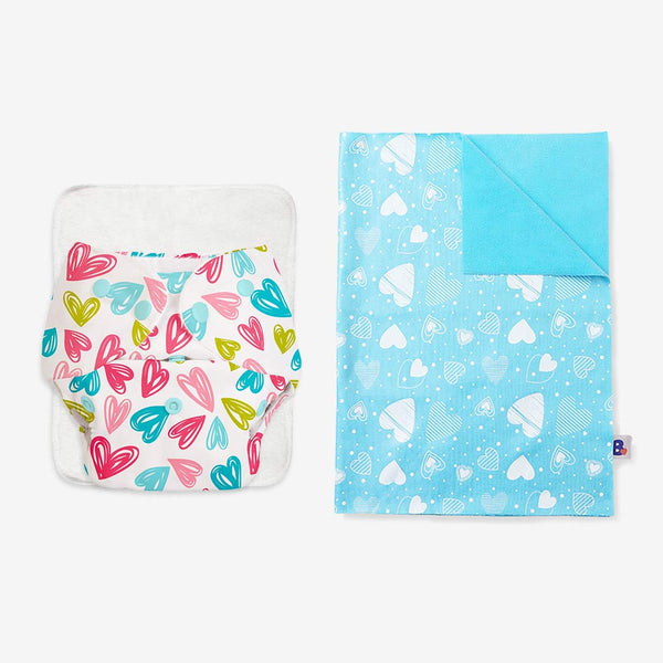 SuperBottoms BASIC Cloth Diaper (Heart print) + Diaper Changing Mat - (S) (Breezy Blue)