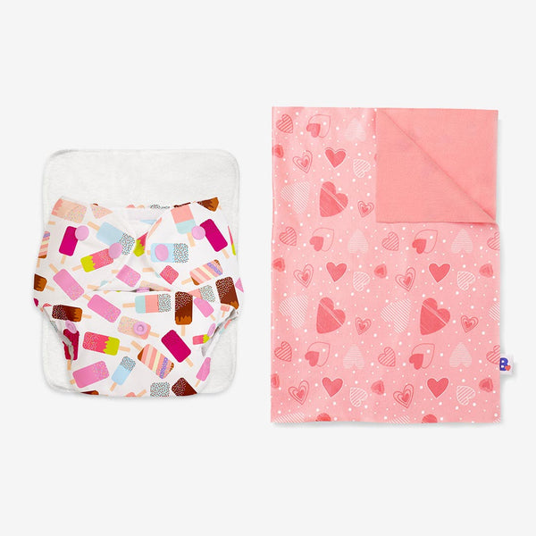 SuperBottoms BASIC Cloth Diaper (Icecream) + Diaper Changing Mat - (M) (Peppy pink)