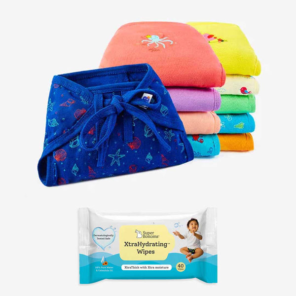 SuperBottoms 10 Pack Cotton Nappy + Wipes 40s pack