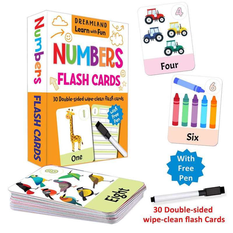 Dreamland Flash Cards Numbers  - 30 Double Sided Wipe Clean Flash Cards for Kids (With Free Pen)