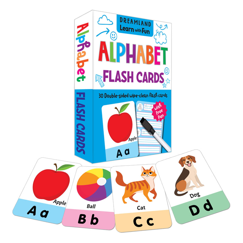 Dreamland Flash Cards Alphabet - 30 Double Sided Wipe Clean Flash Cards for Kids (With Free Pen)