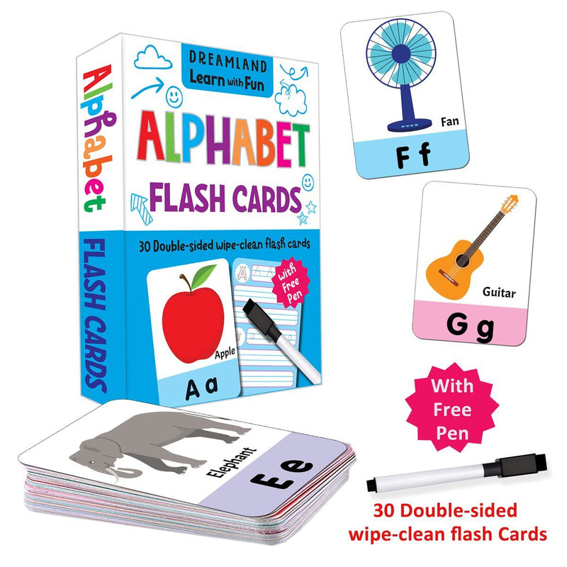 Dreamland Flash Cards Alphabet - 30 Double Sided Wipe Clean Flash Cards for Kids (With Free Pen)