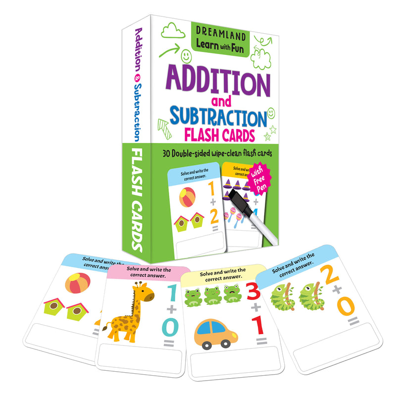 Dreamland Flash Cards Addition and Subtraction  - 30 Double Sided Wipe Clean Flash Cards for Kids (With Free Pen)