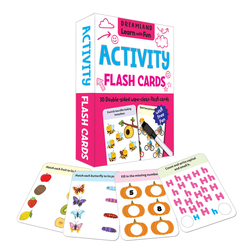 Dreamland Flash Cards Activity  - 30 Double Sided Wipe Clean Flash Cards for Kids (With Free Pen)