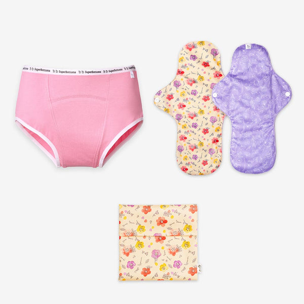 SuperBottoms Starter Pack - Period Underwear (Pink) and Pack of 2 Flow Lock Cloth Pads