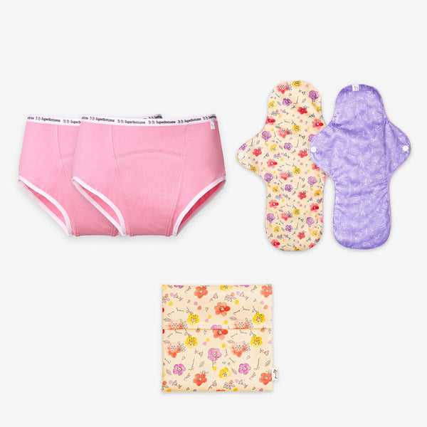 SuperBottoms 2 Period Underwear (Pink) + 2 Flow Lock Cloth Pads + Free Wet Pouch