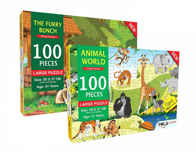 Pola Puzzles 100 Pieces Tiling Puzzles (Jigsaw Puzzles, Puzzles For Kids, Floor Puzzles), Puzzles For Kids Age 5 Years And Above. Size: 19.6 Inch X 14.5 Inch (Animal World 100 & The Furry Bunch 100) - The Kids Circle