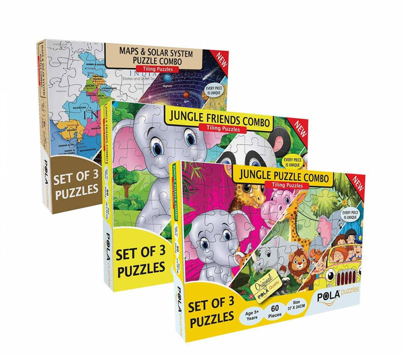Pola Puzzles 60 Pieces Tiling Puzzles Set Of 9 Puzzles (Jigsaw Puzzles, Puzzles For Kids, Floor Puzzles), Puzzles For Kids Age 5 Years And Above. Size: 37 Cm X 24 Cm (Jungle Puzzle, Jungle Franceiends & Maps Combo) - The Kids Circle