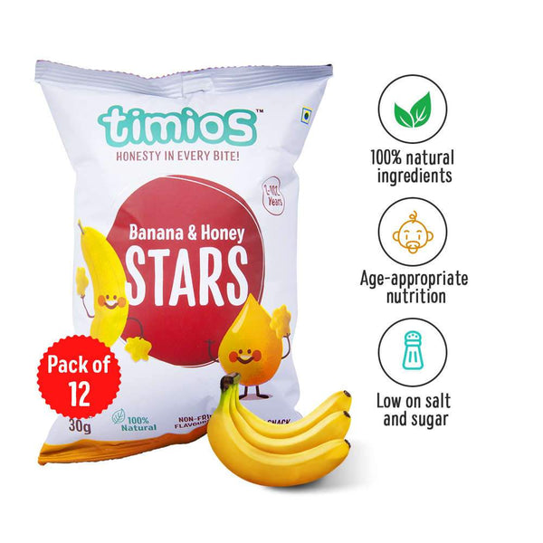 Timios Banana & Honey Stars Snacks Pack of 12 - 30g each - The Kids Circle