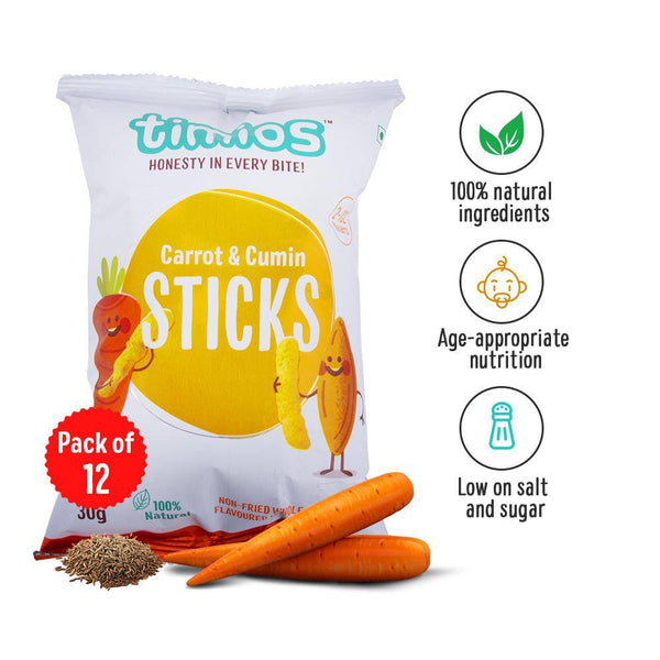 Timios Carrot and Cumin Sticks Snacks, 12 pack - 30g each - The Kids Circle