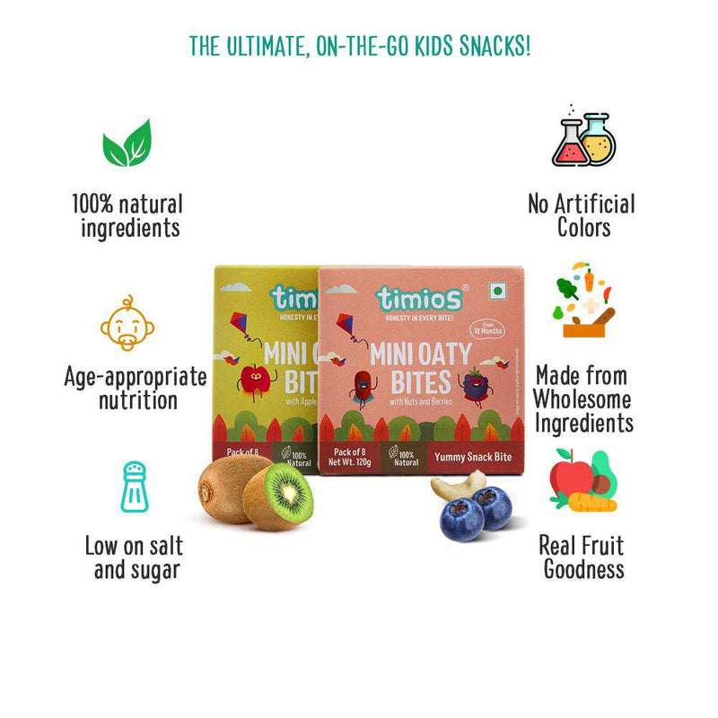 Timios Mini Oaty Bites MIx - Apple and Kiwi With Nuts and Berries - 120g - The Kids Circle