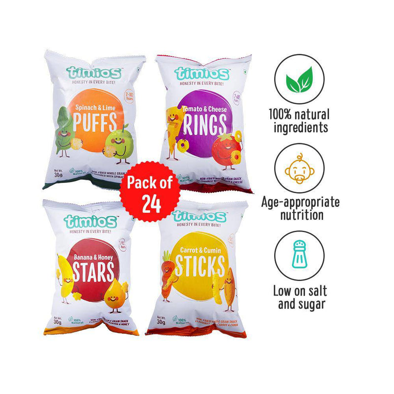 Timios Snack Party Pack for Kids Pack of 24 - 30g Each - The Kids Circle