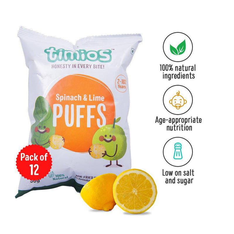 Timios Snacks Spinach & Lime Puffs - 12 Pack - 30g - The Kids Circle