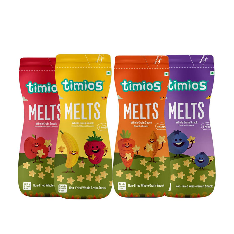 Timios Value Pack Melts (Carrot & Cumin+Apple & Cinnamon+Banana & Strawberry+Blueberry) Pack of 4 - 50g Each - The Kids Circle